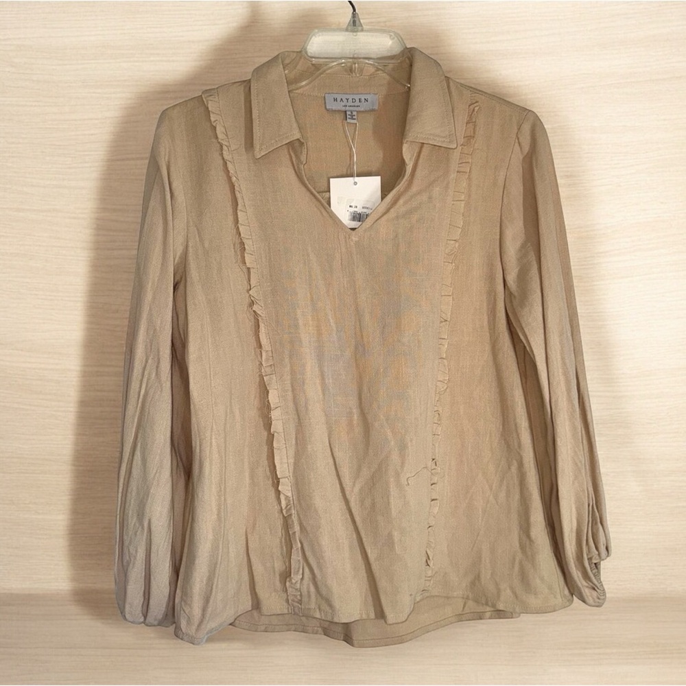 Hayden Tan V-Neck Ruffle Front Blouse with Classic Collar 3/4 Length Sleeves S
